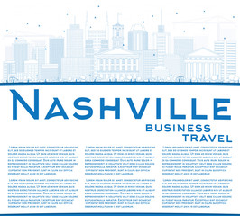 Outline Nashville Skyline with Blue Buildings and Copy Space.