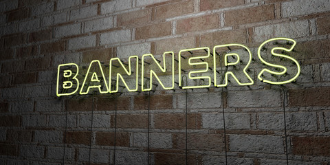BANNERS - Glowing Neon Sign on stonework wall - 3D rendered royalty free stock illustration.  Can be used for online banner ads and direct mailers..