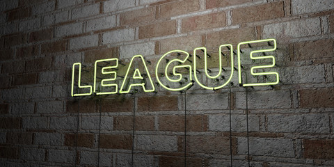 LEAGUE - Glowing Neon Sign on stonework wall - 3D rendered royalty free stock illustration.  Can be used for online banner ads and direct mailers..