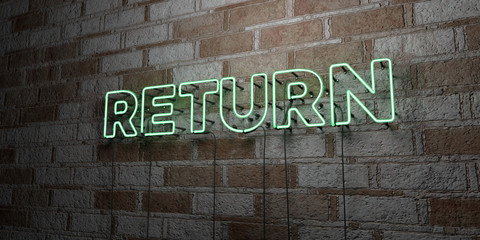 RETURN - Glowing Neon Sign on stonework wall - 3D rendered royalty free stock illustration.  Can be used for online banner ads and direct mailers..