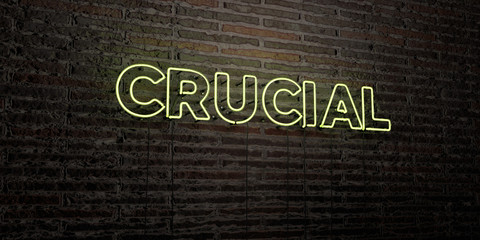CRUCIAL -Realistic Neon Sign on Brick Wall background - 3D rendered royalty free stock image. Can be used for online banner ads and direct mailers..