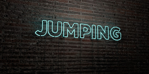 JUMPING -Realistic Neon Sign on Brick Wall background - 3D rendered royalty free stock image. Can be used for online banner ads and direct mailers..