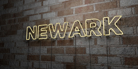 NEWARK - Glowing Neon Sign on stonework wall - 3D rendered royalty free stock illustration.  Can be used for online banner ads and direct mailers..