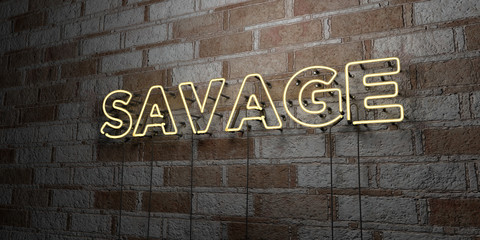 SAVAGE - Glowing Neon Sign on stonework wall - 3D rendered royalty free stock illustration.  Can be used for online banner ads and direct mailers..