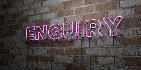 ENQUIRY - Glowing Neon Sign on stonework wall - 3D rendered royalty free stock illustration.  Can be used for online banner ads and direct mailers..