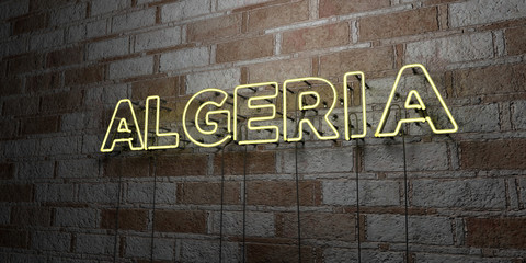 ALGERIA - Glowing Neon Sign on stonework wall - 3D rendered royalty free stock illustration.  Can be used for online banner ads and direct mailers..
