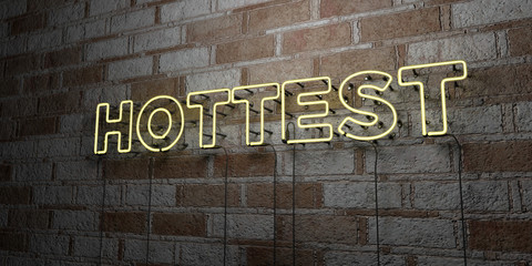 HOTTEST - Glowing Neon Sign on stonework wall - 3D rendered royalty free stock illustration.  Can be used for online banner ads and direct mailers..