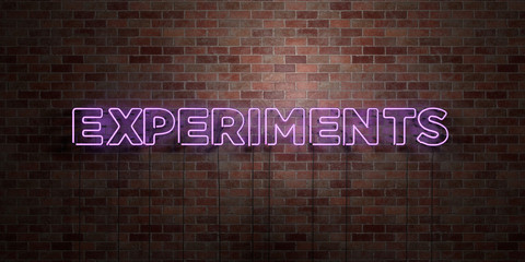 EXPERIMENTS - fluorescent Neon tube Sign on brickwork - Front view - 3D rendered royalty free stock picture. Can be used for online banner ads and direct mailers..