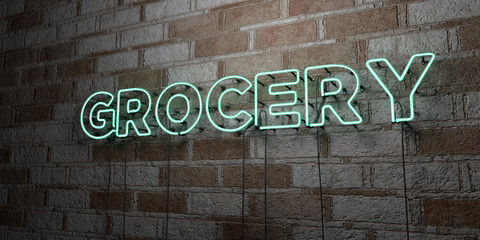 GROCERY - Glowing Neon Sign on stonework wall - 3D rendered royalty free stock illustration.  Can be used for online banner ads and direct mailers..