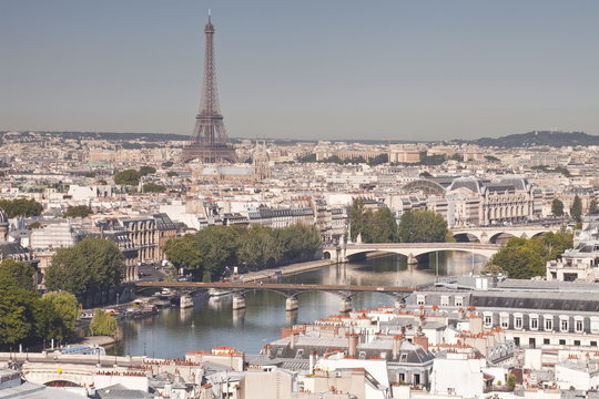 Looking over the rooftops of Paris from Tour Saint Jacques to the Eiffel Tower, Paris, France