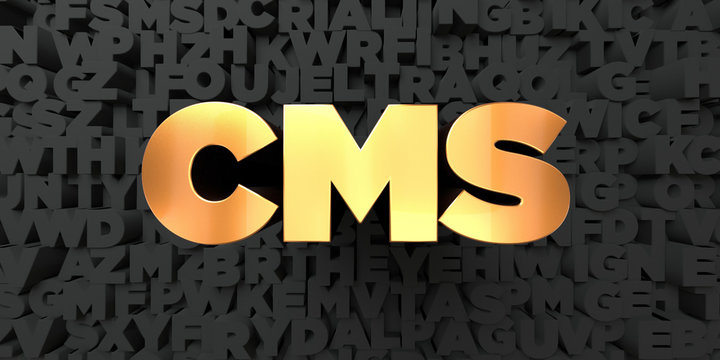 Cms - Gold text on black background - 3D rendered royalty free stock picture. This image can be used for an online website banner ad or a print postcard.