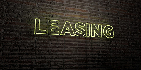 LEASING -Realistic Neon Sign on Brick Wall background - 3D rendered royalty free stock image. Can be used for online banner ads and direct mailers..