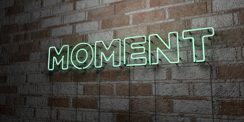 MOMENT - Glowing Neon Sign on stonework wall - 3D rendered royalty free stock illustration.  Can be used for online banner ads and direct mailers..