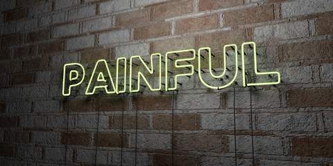 PAINFUL - Glowing Neon Sign on stonework wall - 3D rendered royalty free stock illustration.  Can be used for online banner ads and direct mailers..