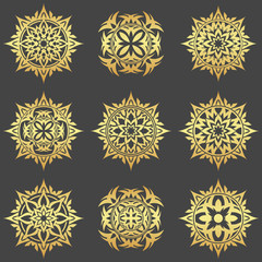 Set of abstract element, gold flower, star, decoration.