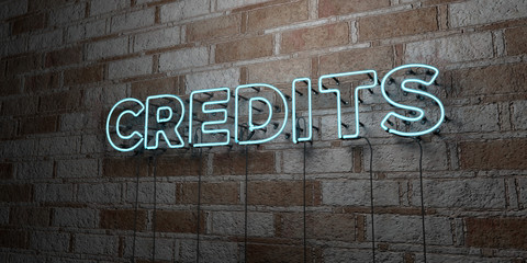 CREDITS - Glowing Neon Sign on stonework wall - 3D rendered royalty free stock illustration.  Can be used for online banner ads and direct mailers..