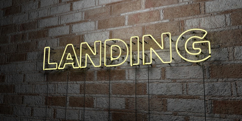 LANDING - Glowing Neon Sign on stonework wall - 3D rendered royalty free stock illustration.  Can be used for online banner ads and direct mailers..