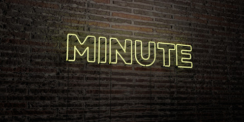 MINUTE -Realistic Neon Sign on Brick Wall background - 3D rendered royalty free stock image. Can be used for online banner ads and direct mailers..