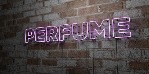 PERFUME - Glowing Neon Sign on stonework wall - 3D rendered royalty free stock illustration.  Can be used for online banner ads and direct mailers..