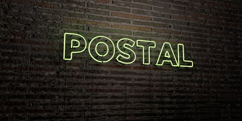 POSTAL -Realistic Neon Sign on Brick Wall background - 3D rendered royalty free stock image. Can be used for online banner ads and direct mailers..