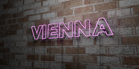 VIENNA - Glowing Neon Sign on stonework wall - 3D rendered royalty free stock illustration.  Can be used for online banner ads and direct mailers..