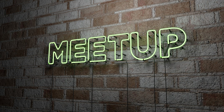 MEETUP - Glowing Neon Sign on stonework wall - 3D rendered royalty free stock illustration.  Can be used for online banner ads and direct mailers..