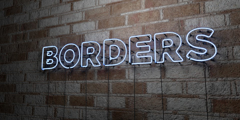 BORDERS - Glowing Neon Sign on stonework wall - 3D rendered royalty free stock illustration.  Can be used for online banner ads and direct mailers..