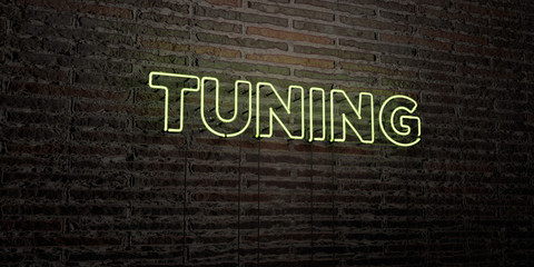 TUNING -Realistic Neon Sign on Brick Wall background - 3D rendered royalty free stock image. Can be used for online banner ads and direct mailers..