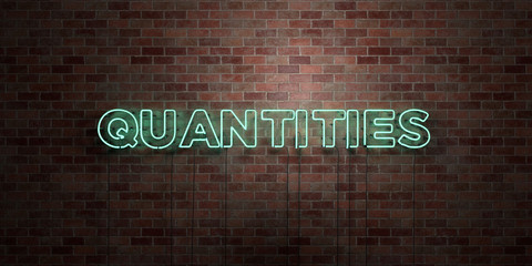 QUANTITIES - fluorescent Neon tube Sign on brickwork - Front view - 3D rendered royalty free stock picture. Can be used for online banner ads and direct mailers..