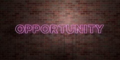 OPPORTUNITY - fluorescent Neon tube Sign on brickwork - Front view - 3D rendered royalty free stock picture. Can be used for online banner ads and direct mailers..