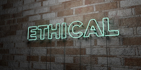 ETHICAL - Glowing Neon Sign on stonework wall - 3D rendered royalty free stock illustration.  Can be used for online banner ads and direct mailers..