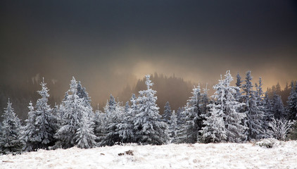 amazing winter sunrise through fog in the mountains
