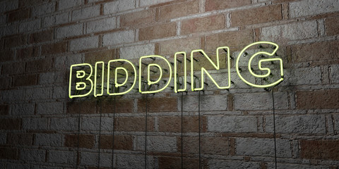 BIDDING - Glowing Neon Sign on stonework wall - 3D rendered royalty free stock illustration.  Can be used for online banner ads and direct mailers..