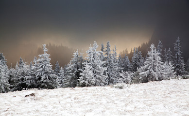 amazing winter sunrise through fog in the mountains