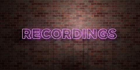 RECORDINGS - fluorescent Neon tube Sign on brickwork - Front view - 3D rendered royalty free stock picture. Can be used for online banner ads and direct mailers..