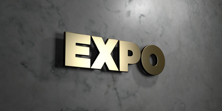 Expo - Gold sign mounted on glossy marble wall  - 3D rendered royalty free stock illustration. This image can be used for an online website banner ad or a print postcard.