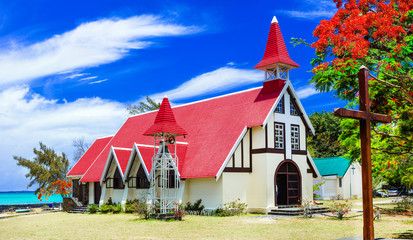 landmarks of  Mauritius island - Red church on the beach. Cap Malheureux