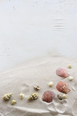 Fototapeta na wymiar Sand on white wood. Summer background with copy space
