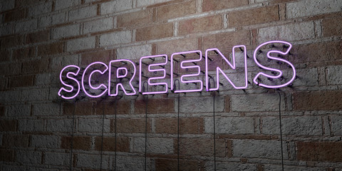 SCREENS - Glowing Neon Sign on stonework wall - 3D rendered royalty free stock illustration.  Can be used for online banner ads and direct mailers..