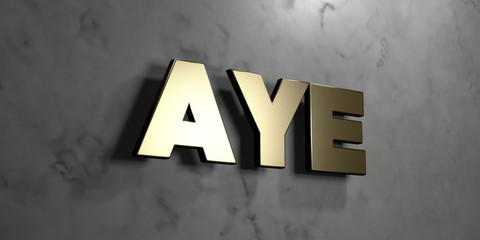 Aye - Gold sign mounted on glossy marble wall  - 3D rendered royalty free stock illustration. This image can be used for an online website banner ad or a print postcard.