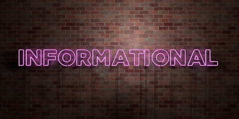 INFORMATIONAL - fluorescent Neon tube Sign on brickwork - Front view - 3D rendered royalty free stock picture. Can be used for online banner ads and direct mailers..
