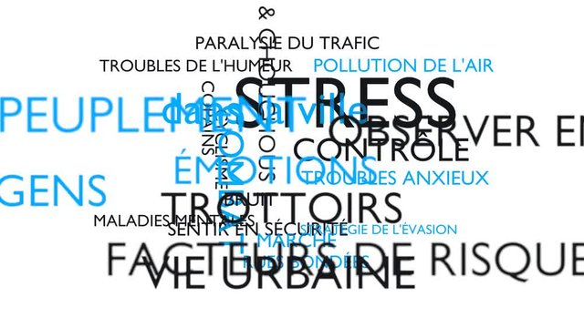 Stress in the city word tag cloud. White, French variant. 3D rendering, UHD.