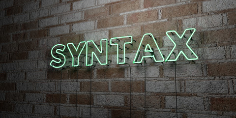 SYNTAX - Glowing Neon Sign on stonework wall - 3D rendered royalty free stock illustration.  Can be used for online banner ads and direct mailers..