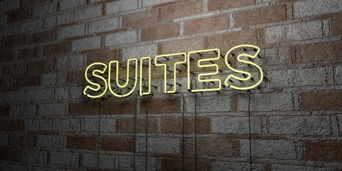 SUITES - Glowing Neon Sign on stonework wall - 3D rendered royalty free stock illustration.  Can be used for online banner ads and direct mailers..