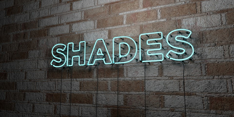 SHADES - Glowing Neon Sign on stonework wall - 3D rendered royalty free stock illustration.  Can be used for online banner ads and direct mailers..