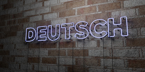 DEUTSCH - Glowing Neon Sign on stonework wall - 3D rendered royalty free stock illustration.  Can be used for online banner ads and direct mailers..