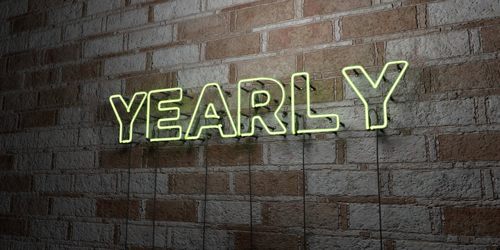 YEARLY - Glowing Neon Sign on stonework wall - 3D rendered royalty free stock illustration.  Can be used for online banner ads and direct mailers..