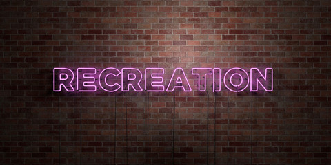 RECREATION - fluorescent Neon tube Sign on brickwork - Front view - 3D rendered royalty free stock picture. Can be used for online banner ads and direct mailers..