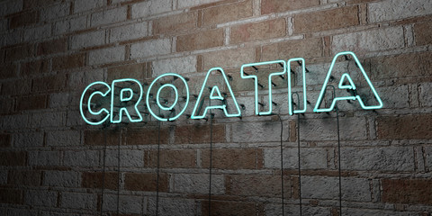 CROATIA - Glowing Neon Sign on stonework wall - 3D rendered royalty free stock illustration.  Can be used for online banner ads and direct mailers..