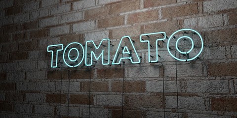 TOMATO - Glowing Neon Sign on stonework wall - 3D rendered royalty free stock illustration.  Can be used for online banner ads and direct mailers..